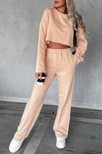 Load image into Gallery viewer, Wide Leg Pants Outfit | Khaki Long Sleeve Distressed Crop Top
