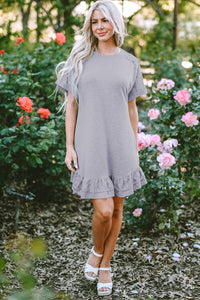 Light Grey Lace Floral Patchwork Ruffled T-shirt Dress | Dresses/T Shirt Dresses