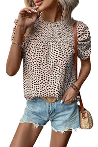 Puff Sleeve Blouse | Khaki Leopard Round Neck Top