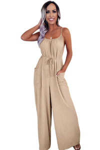 Wide Leg Jumpsuit | Apricot Spaghetti Straps Waist Tie with Pockets