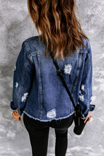 Load image into Gallery viewer, Blue Lapel Distressed Raw Hem Buttons Denim Jacket | Outerwear/Denim jackets
