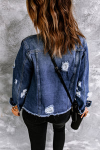 Blue Lapel Distressed Raw Hem Buttons Denim Jacket | Outerwear/Denim jackets