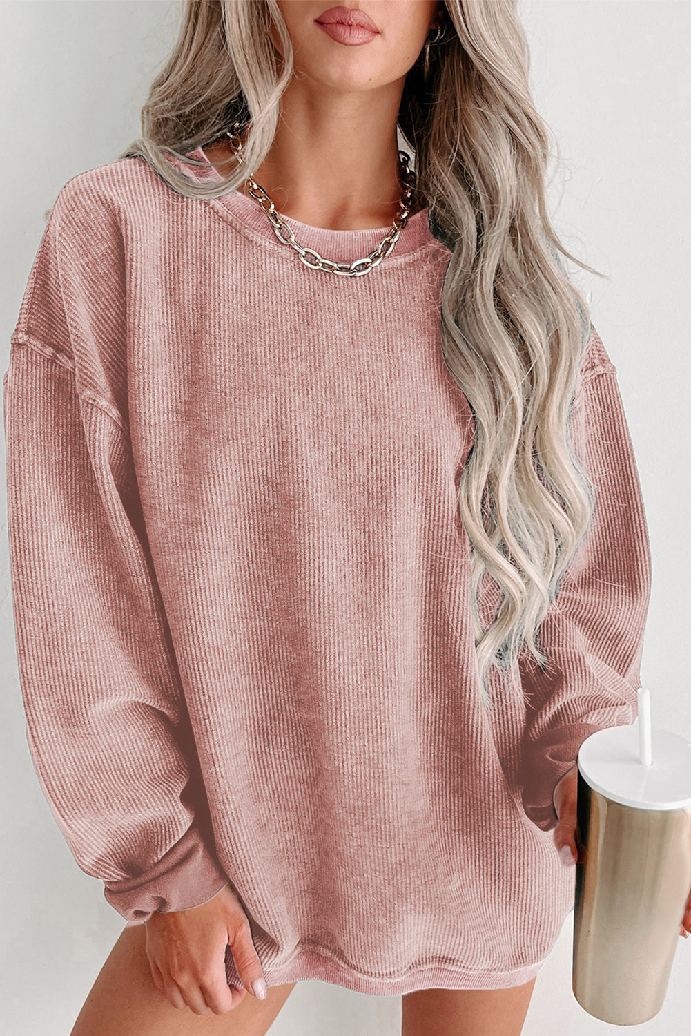 Pullover Sweatshirt | Pink Solid Ribbed Knit Round Neck