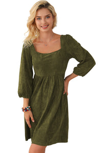 Jungle Green Suede Square Neck Puff Sleeve Dress