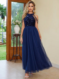 Blue Formal Gown | Backless Halter Neck Sleeveless Dress