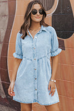 Load image into Gallery viewer, Beau Blue Mineral Wash Ruffled Short Sleeve Buttoned Denim Dress | Dresses/Mini Dresses
