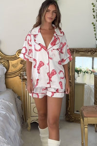 White Full Pattern Shirt and Shorts Satin Pajama Set | Loungewear & Sleepwear/Sleepwear