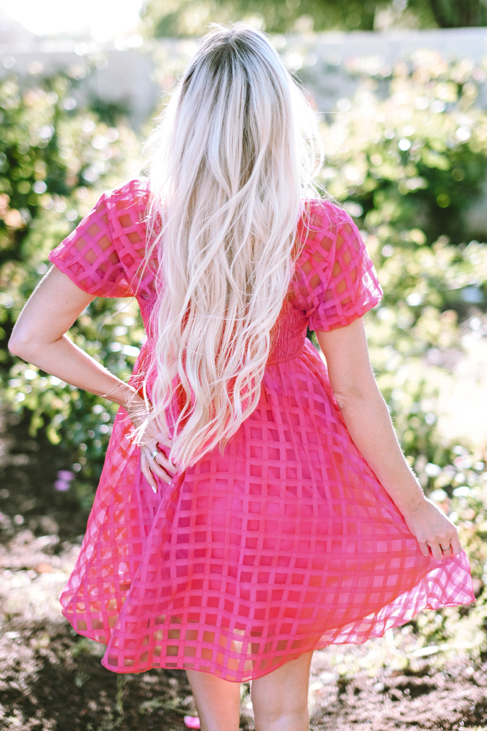 Strawberry Pink Checkered Puff Sleeve Babydoll Dress | Dresses/Mini Dresses