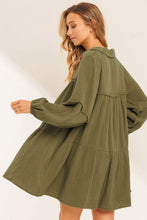 Load image into Gallery viewer, Puff Sleeve Dress | Green Frayed Trim Flared Dress
