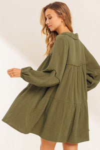 Puff Sleeve Dress | Green Frayed Trim Flared Dress