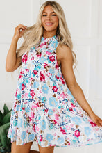 Load image into Gallery viewer, White Frill Mock Neck Sleeveless Tiered Floral Dress | Dresses/Floral Dresses
