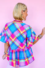 Load image into Gallery viewer, Babydoll Top | Sky Blue Colorful Plaid V Neck Ruffled Short Sleeve Blouse
