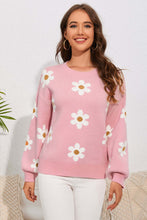 Load image into Gallery viewer, Woman wearing pink flower sweater with round neck and dropped shoulders, perfect winter clothes for women.
