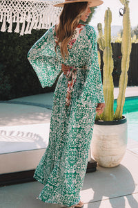 Maxi Dress | Green Abstract Pattern Print V Neck High Waist