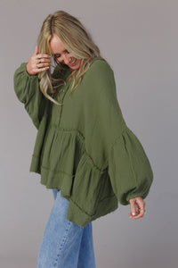 Green Henley Button Drop Shoulder Top