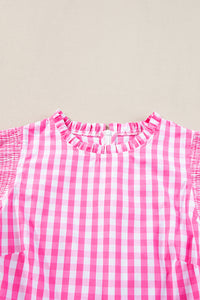 Ruffled Sleeve Top | Rose Red Checkered Blouse