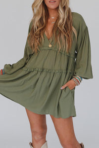 Green V Neck Puff Sleeve Frill Tiered Mini Dress | Dresses/Mini Dresses