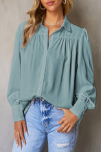 Load image into Gallery viewer, Sky Blue Solid Color Button Up Puff Sleeve Blouse | Tops/Blouses &amp; Shirts
