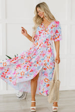 Load image into Gallery viewer, Multicolor Tropical Floral Print Ruched V Neck Maxi Dress | Dresses/Floral Dresses
