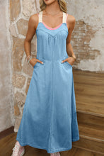 Load image into Gallery viewer, Beau Blue Contrast Straps Pocketed Long Chambray Dress | Dresses/Maxi Dresses
