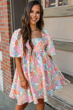 Load image into Gallery viewer, Pink Summer Floral Square Neck Puff Sleeve Babydoll Dress | Dresses/Floral Dresses
