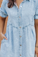 Load image into Gallery viewer, Beau Blue Mineral Wash Ruffled Short Sleeve Buttoned Denim Dress | Dresses/Mini Dresses
