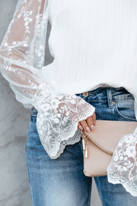 White Lace Sleeve Top | Contrast Lace Mock Neck Blouse