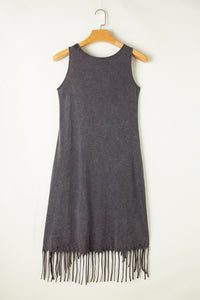 Gray Round Neck Sleeveless Fringe Hem Long Dress