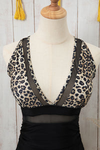 Brown Leopard Mesh Insert V Neck High Waist Monokini | Swimwear/One Piece Swimsuit