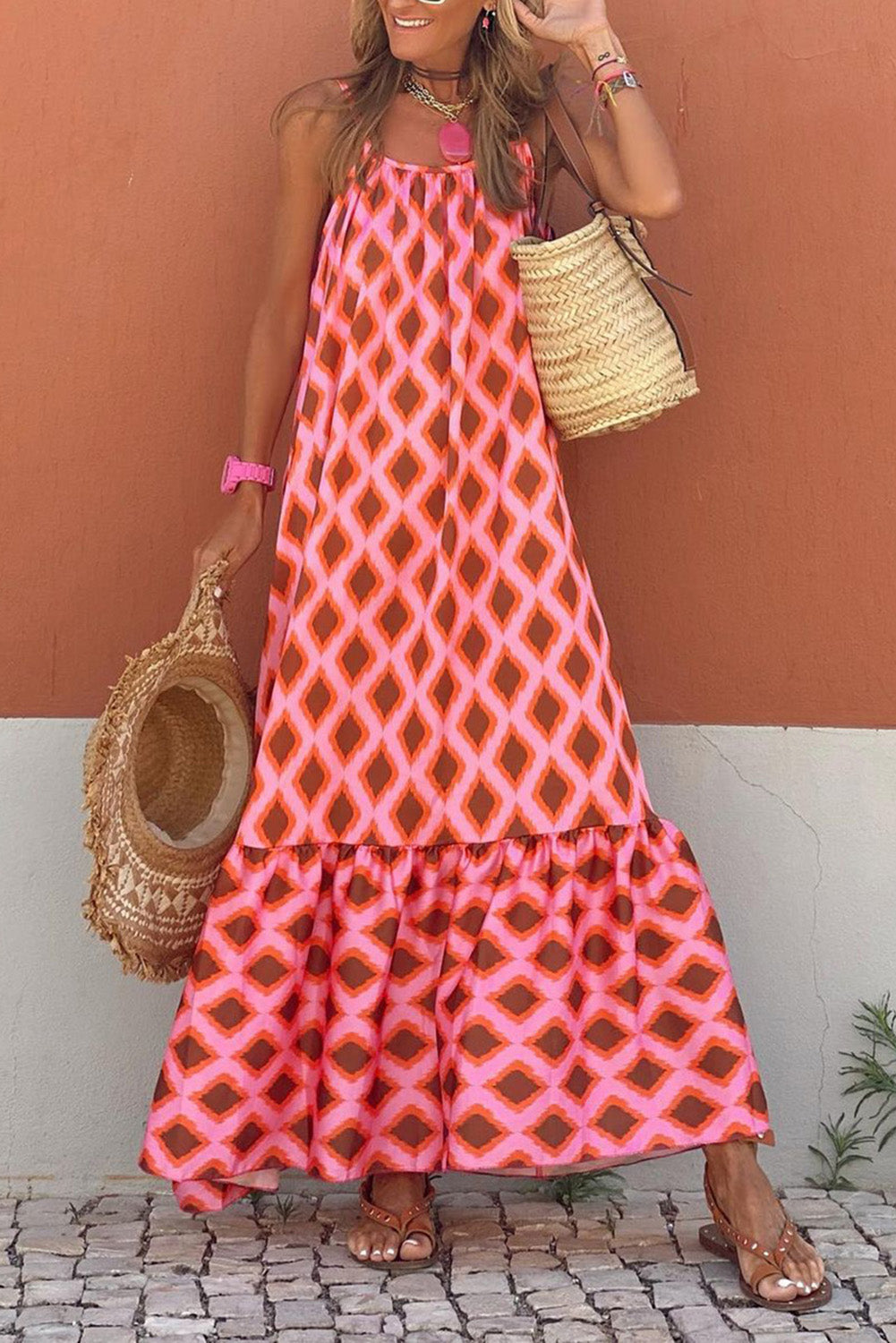 Fiery Red Geometric Print Loose Fit Sleeveless Maxi Dress | Dresses/Maxi Dresses