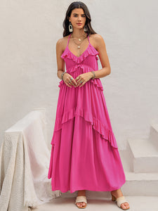 Pink Maxi Dress | Ruffled Halter Neck Sleeveless Dress