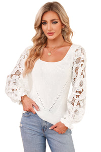 Lace Sleeve Sweater | White Crochet Knit Top