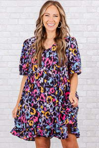 Purple Leopard Print Ruffled V Neck Plus Size Mini Dress | Plus Size/Plus Size Dresses/Plus Size Mini Dresses