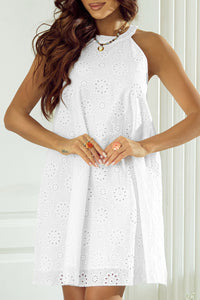 White Boho Eyelet Pattern Halter Neck Sleeveless Dress | Dresses/Mini Dresses