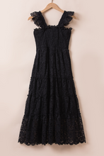 Load image into Gallery viewer, Black Midi Dress | Lace Smocked Bodice Sleeveless Dress
