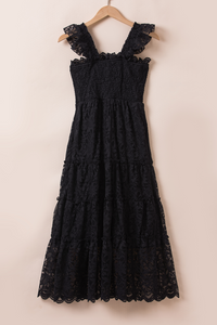 Black Midi Dress | Lace Smocked Bodice Sleeveless Dress