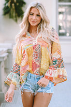 Load image into Gallery viewer, Multicolor Paisley Print Bell Sleeve Lace V-Neck Button Sheer Blouse | Tops/Blouses &amp; Shirts
