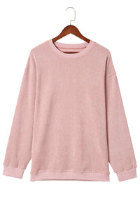 Pullover Sweatshirt | Pink Solid Ribbed Knit Round Neck