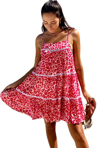 Rose Leopard Print Lace Trim Flared Sundress | Dresses/Mini Dresses