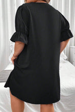 Load image into Gallery viewer, Plus Size Mini Dress | Black Solid Ruffled Puff Sleeve V Neck
