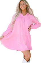 Load image into Gallery viewer, Pink Turn-down Neck Textured Bubble Sleeve Dress | Dresses/Mini Dresses
