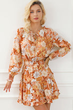 Load image into Gallery viewer, Camel Lace up Split Neck Tunic Floral Dress | Dresses/Floral Dresses
