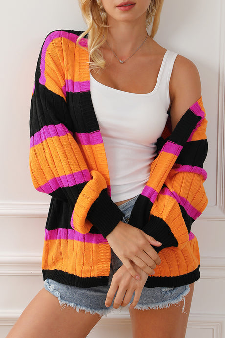 Black Striped Colorblock Drop Shoulder Slouchy Cardigan | Tops/Sweaters & Cardigans