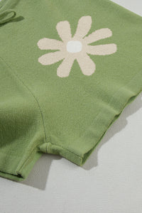 Floral Green Shorts Set | Flower Bubble Sleeve Sweater Shorts Set