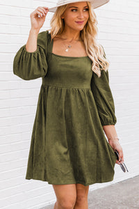 Jungle Green Suede Square Neck Puff Sleeve Dress