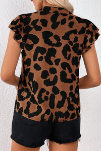 Ruffled Sleeve Blouse | Brown Leopard Split Neck Top