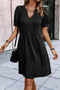 Black Notched Neck Pleated Puff Sleeve Shift T-shirt Dress | Dresses/T Shirt Dresses