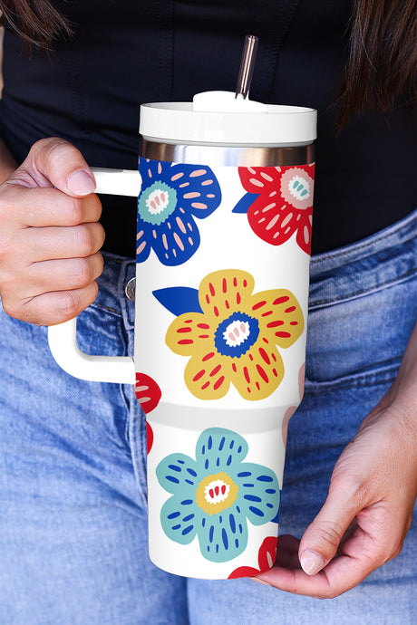 White Flower Pattern Stainless Vacuum Cup with Handle 40oz | Accessories/Tumblers