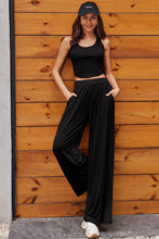 Load image into Gallery viewer, Black Textured Sleeveless Crop Top and Wide Leg Pants Outfit | Two Piece Sets/Pant Sets
