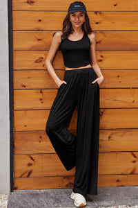 Black Textured Sleeveless Crop Top and Wide Leg Pants Outfit | Two Piece Sets/Pant Sets